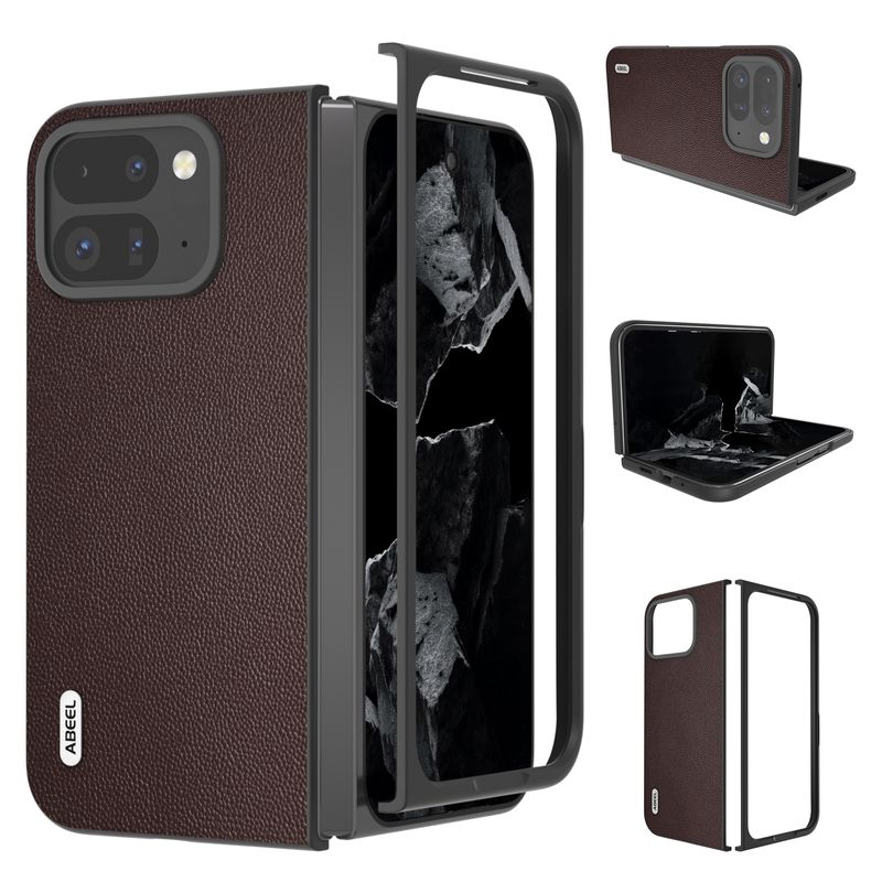 For Google Pixel 9 Pro Fold ABEEL Genuine Leather Elegant Black Edge Phone Case(Coffee)_voghion.com
