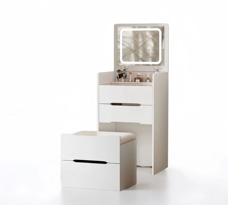 (48CM) 3 In 1 Vanity Desk With Plip Top Mirror,Small Make Up Vanity Set With Visible Glass Desktop,Compact Makeup Vanity With 3 Drawers,Cushioned To_voghion.com