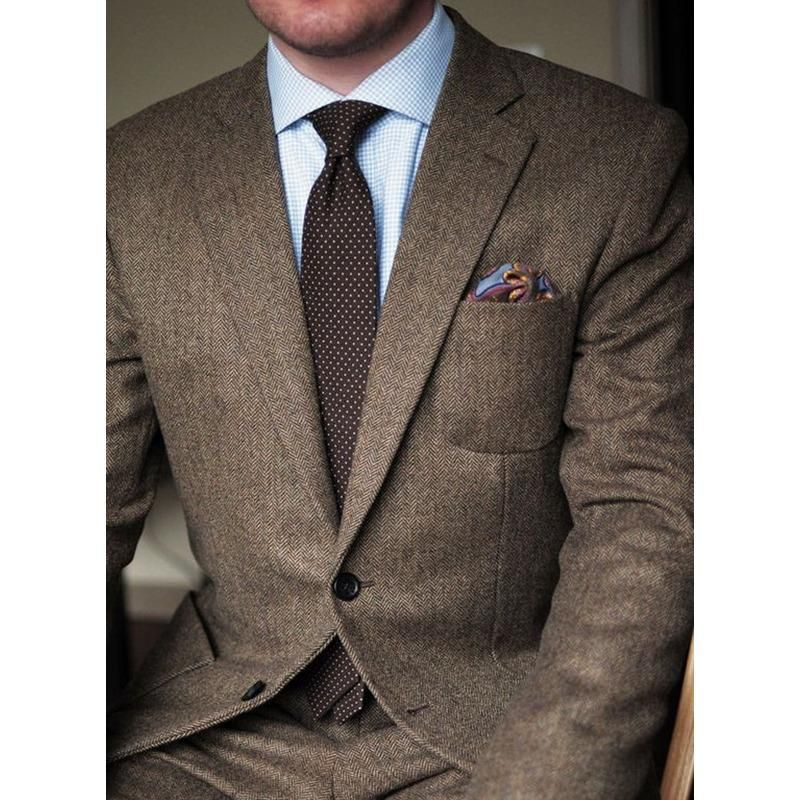 Men's Herringbone Blazer - Brown Business Casual Suit Jacket, Two-Piece Groomsmen Wedding Attire​_voghion.com