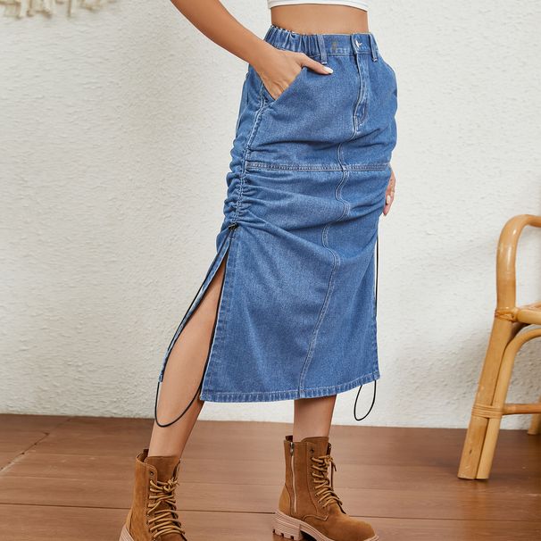 Denim MIDI con coulisse in vita elastica lavata calda estiva da donna_voghion.com