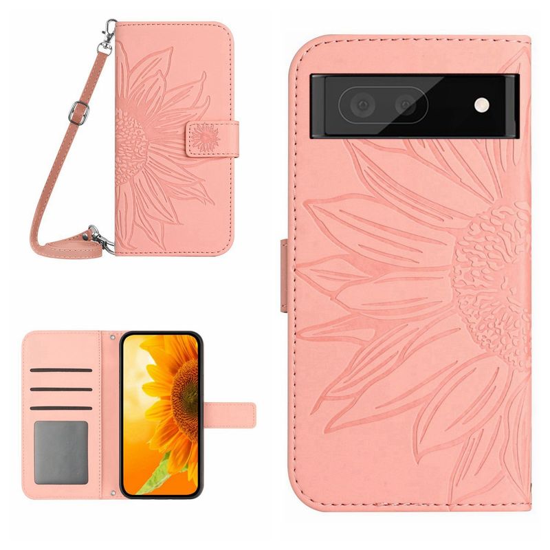 Per Google Pixel 7A Custodia in pelle con motivo a fiore di sole e cordino (rosa)_voghion.com