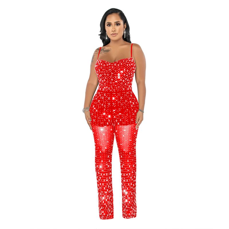 Women’s Clothing fashion women's hot diamond mesh suspenders sleeveless trousers jumpsuit_voghion.com