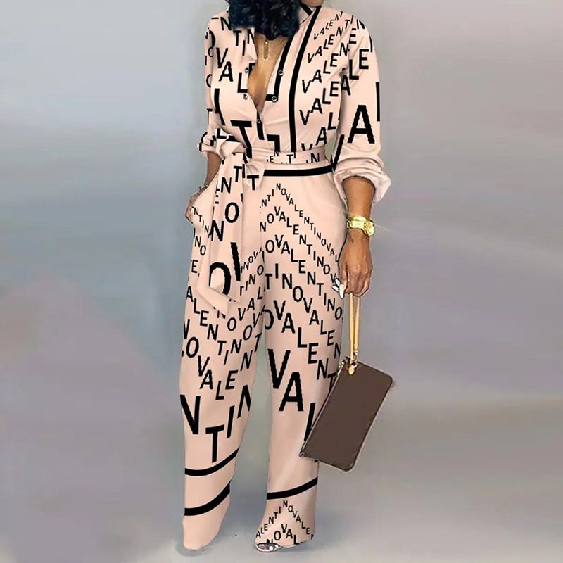 Moda feminina solta grande estampa cintura alta macacão de perna reta_voghion.com
