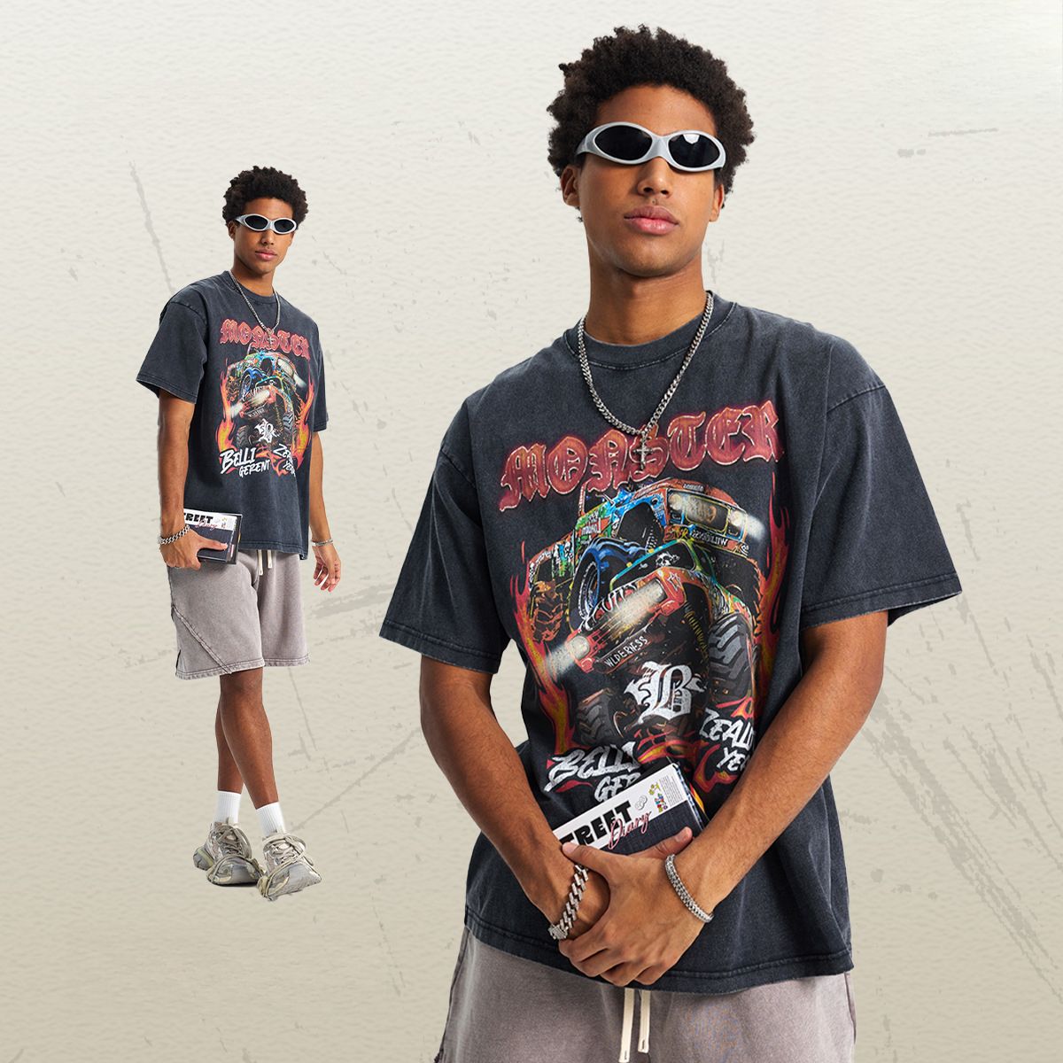 Maglietta a maniche corte da uomo retrò con fiocco di neve fritto americano alla moda_voghion.com