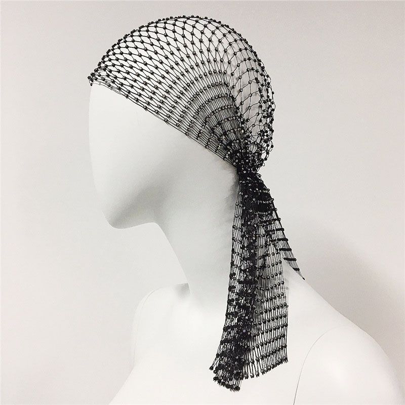 Elastic rhinestone fishing net hat personality fishing net headscarf fashion flash diamond hat long_voghion.com