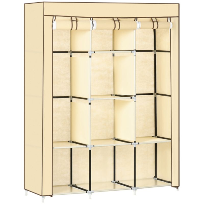 HOMCOM Stoffschrank Kleiderschrank Mit 8 Ebenen & Kleiderstangen, Faltschrank Aus Vliesstoff In Beige, 125x43x162,5cm Für Platzsparende Aufbewahrung_voghion.com