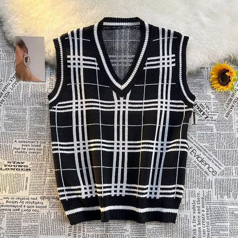Männerkleeder Retro Karoen Pulloverweste Männer Hierscht a Wanter College-Stil Weste V-Ausschnëtt Pulloverweste Gestapelten Mantel_voghion.com