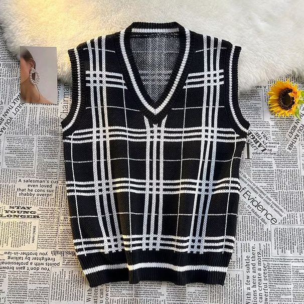 Männerkleeder Retro Karoen Pulloverweste Männer Hierscht a Wanter College-Stil Weste V-Ausschnëtt Pulloverweste Gestapelten Mantel_voghion.com