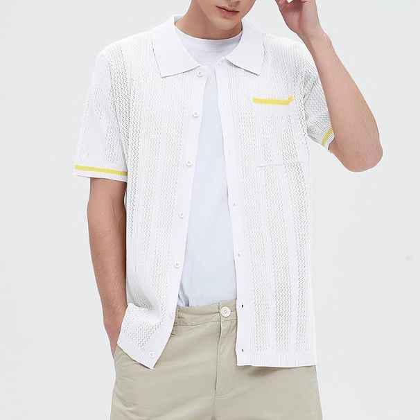 Fashion summer casual short sleeved suit collar hollow breathable cardigan large men's shirt_voghion.com