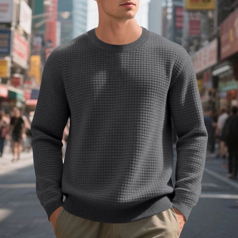 Men's Casual Sweatshirt - Relaxed Fit Crewneck Pullover With Mini Check Pattern | Soft Cotton Blend, Thickened For Spring/Fall_voghion.com