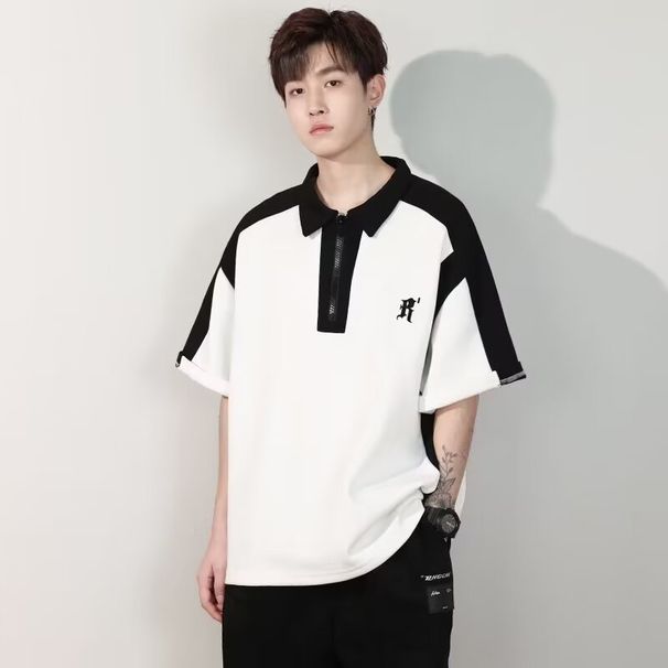 Polo de patchwork de color contrastante americano para hombre, camiseta de verano holgada de manga corta con media cremallera, camiseta informal versátil con solapa_voghion.com