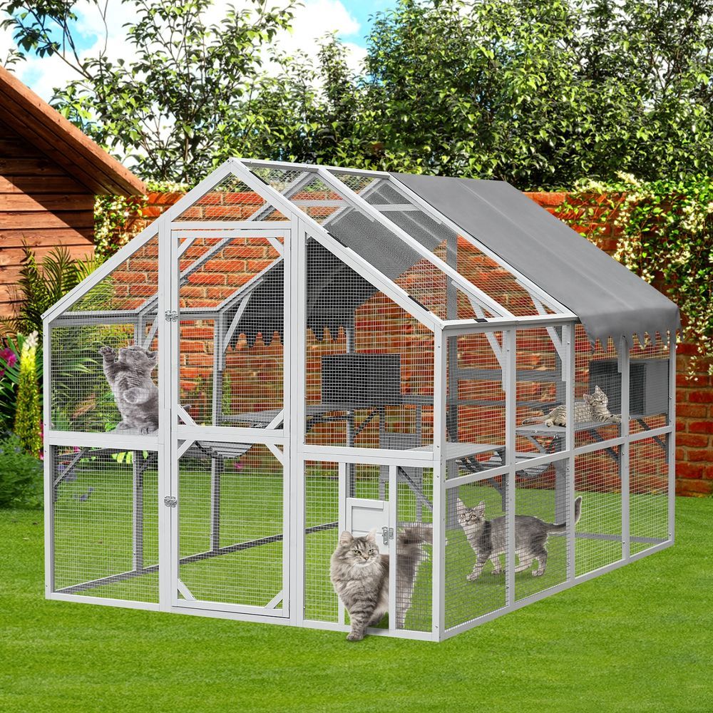 Outdoor Cat House Cat Enclosures 110' Large Kitten Playpen With Platforms,Upgrade Waterproof Cover-Grey And White_voghion.com