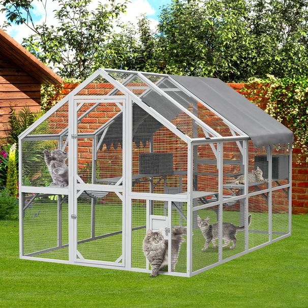 Outdoor Cat House Cat Enclosures 110' Large Kitten Playpen With Platforms,Upgrade Waterproof Cover-Grey And White_voghion.com