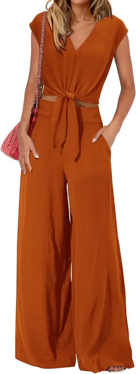 Women's Clothing Summer 2 piece Set Cap Sleeve V neck Drawstring Cropped Top Wide Leg Pants Set_voghion.com