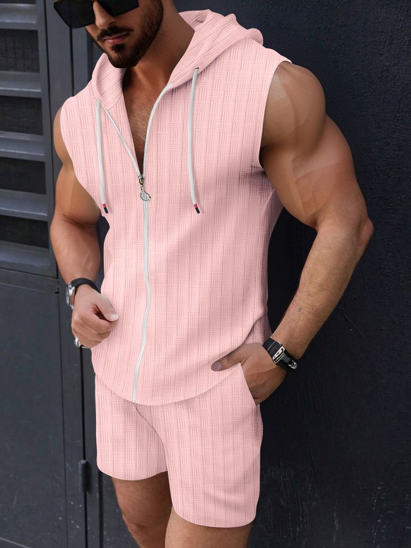 Men's Clothing New Fashion Men's Hooded Suit Zipper T Shirt Plaid Sleeveless Vest Shorts Men's Casual Two Piece Suit_voghion.com