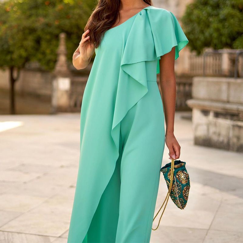 Women's stylish solid color baggy diagonal shoulder long romper_voghion.com