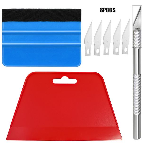 8-Piece Wallpaper Smoothing & Car Wrap Tool Kit With Aluminum Alloy Scraper, Engraving Knife & 5 Blades (2 Variants: Red/Blue & Red/Red)_voghion.com