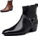 Men's Leather Chunky Heel Dress Boots with Belt Buckle Fashion Classic Cap Toe Side Zipper Block High Heels High Top Formal Oxford Shoes_voghion.com