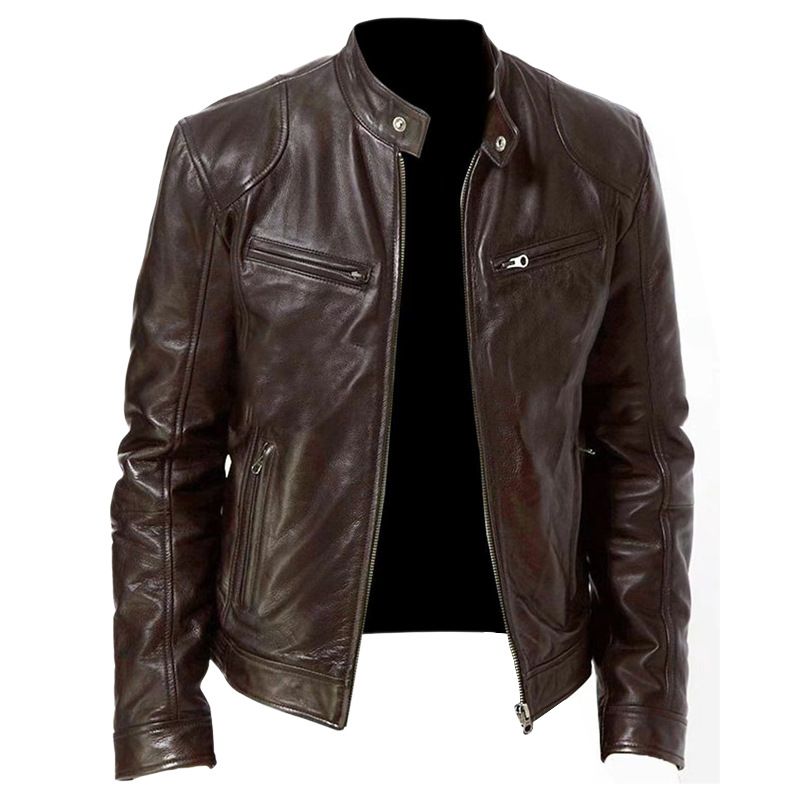 Jachetă din piele pentru motocicletă pentru bărbați, slim fit, haină scurtă, jachete din PU, primăvară, cu fermoar, haină din piele rezistentă la vânt Îmbrăcăminte pentru bărbați_voghion.com
