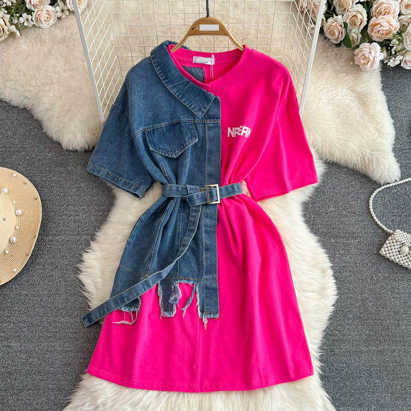 Ženska oblačila, pas, okrogel ovratnik, barvno blokirana jeans srajca, spomladi, nova elegantna ležerna majica srednje dolžine_voghion.com