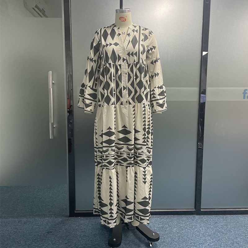 Damenbekleidung langärmeliges bedrucktes Kleid Damen neuer Hemdrock_voghion.com