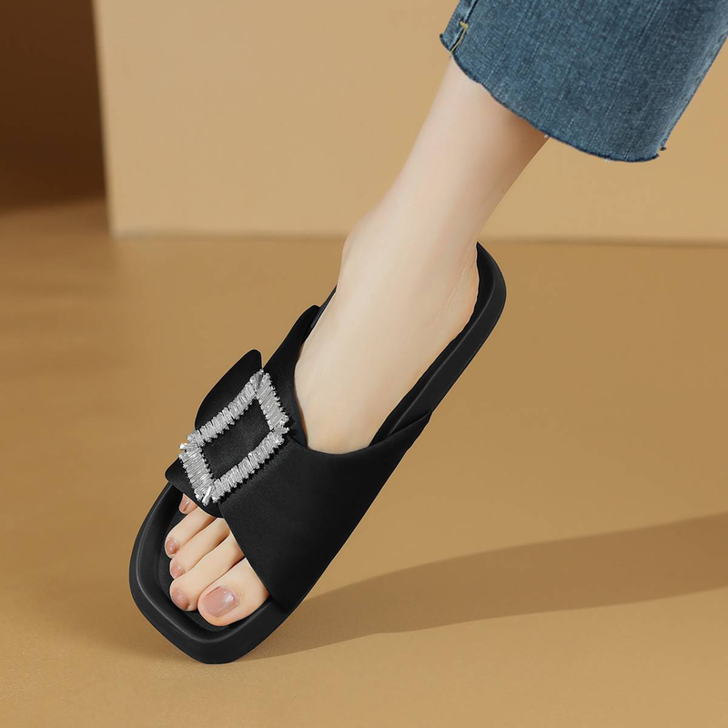 Cameido Women's Open-toe Slipper Sandals With Rhinestone Square Buckles. Suitable For Outdoor Wear, These Are Casual Flat Slippers In A Trendy_voghion.com