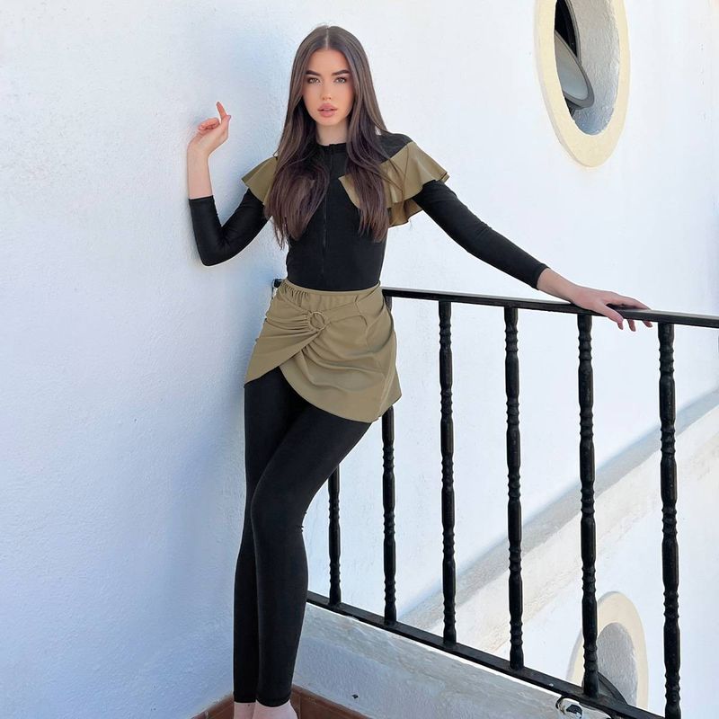 Muslim Swimsuit New Conservative Pure Color Long-sleeved Pants Sun Protection Beach Swimsuit Three-piece Swimsuit_voghion.com