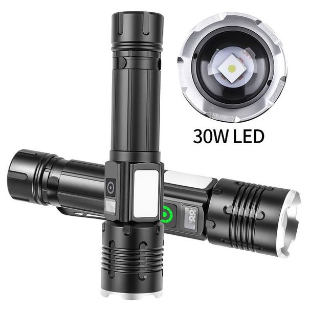 Linterna LED láser blanca con pantalla digital, carga tipo C y luz lateral COB, alcance de haz de más de 500 m, linterna táctica de alta potencia de 12 W para exteriores._voghion.com