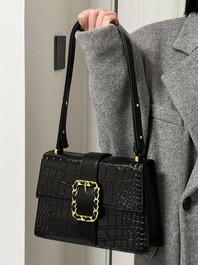 Gan crocodile commuting with large capacity, new small square black women's 2024 spring/summer striped bag, single_voghion.com