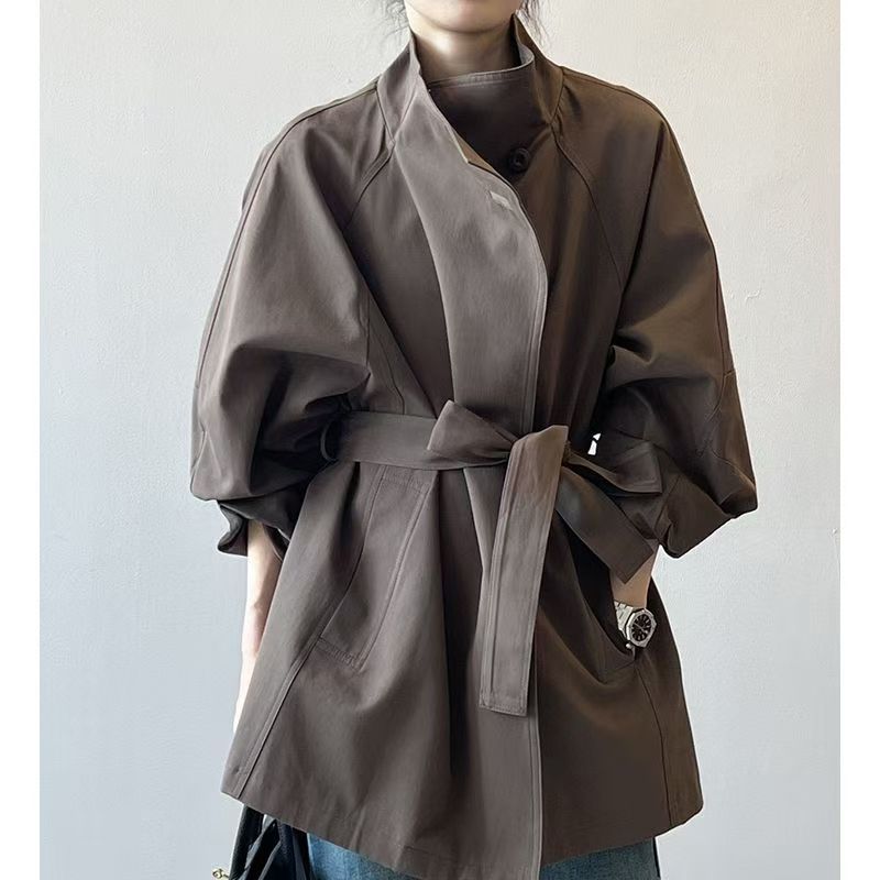Khaki Stand Collar Trench For Women, British Style Spring And Autumn Casual Cocoon Shaped Coat, Small Height Waist_voghion.com