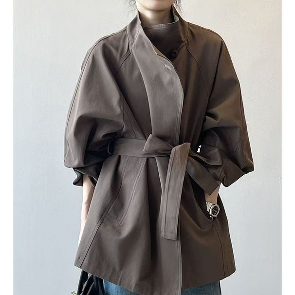 Khaki Stand Collar Trench For Women, British Style Spring And Autumn Casual Cocoon Shaped Coat, Small Height Waist_voghion.com
