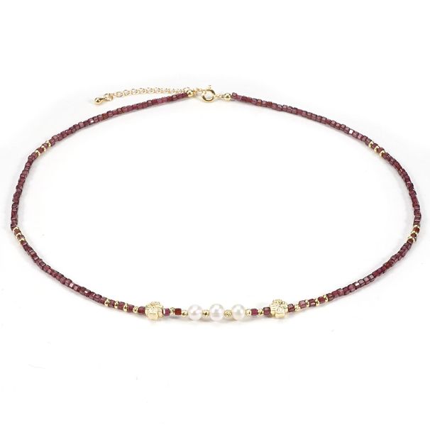 Collier en pierre naturelle avec perles d'eau douce et grenat en forme de cube de sucre de 3 cm, chaîne de clavicule empilable, style rétro_voghion.com