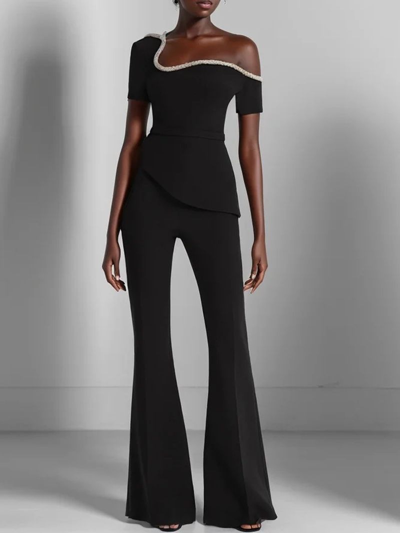 Damkläder vår och höst ny enfärgad axelbandslös jumpsuit med kort ärm och oregelbunden midja, vida ben_voghion.com