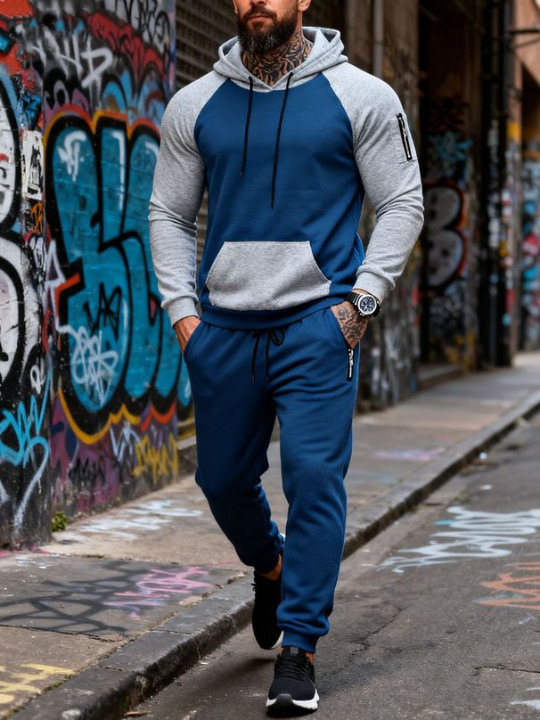 Farblich abgestimmtes Set aus Fleece-Hoodie und Jogginghose für Herrenbekleidung mit Kapuze und Samt – zweiteiliges Outfit mit Farbblockdesign für Wintersport und Freizeitkleidung_voghion.com