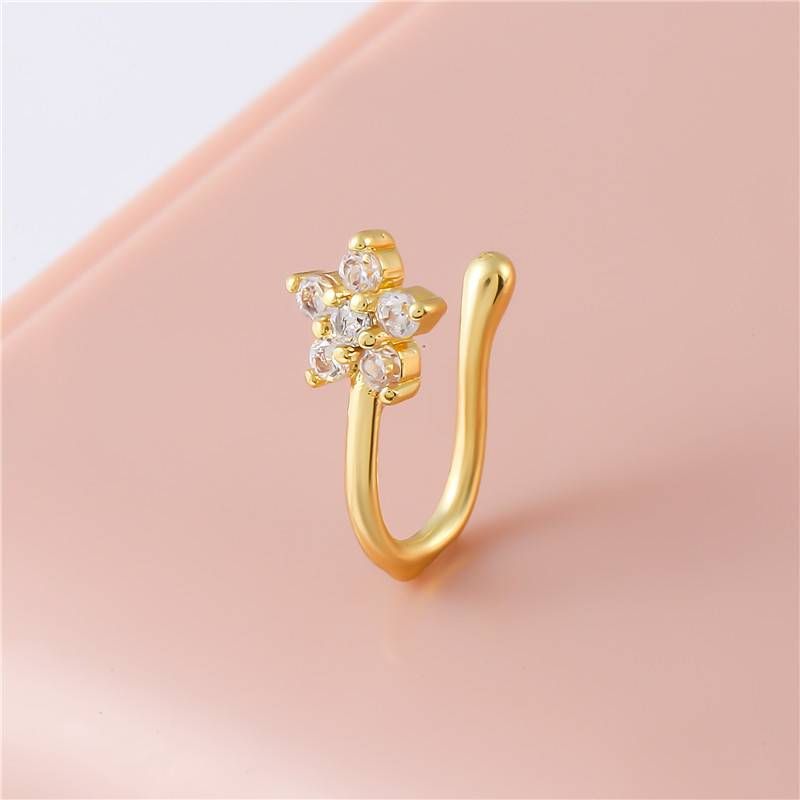 Hot selling flower zircon nose ring metal U-shaped micro inlaid non perforated nose nail_voghion.com