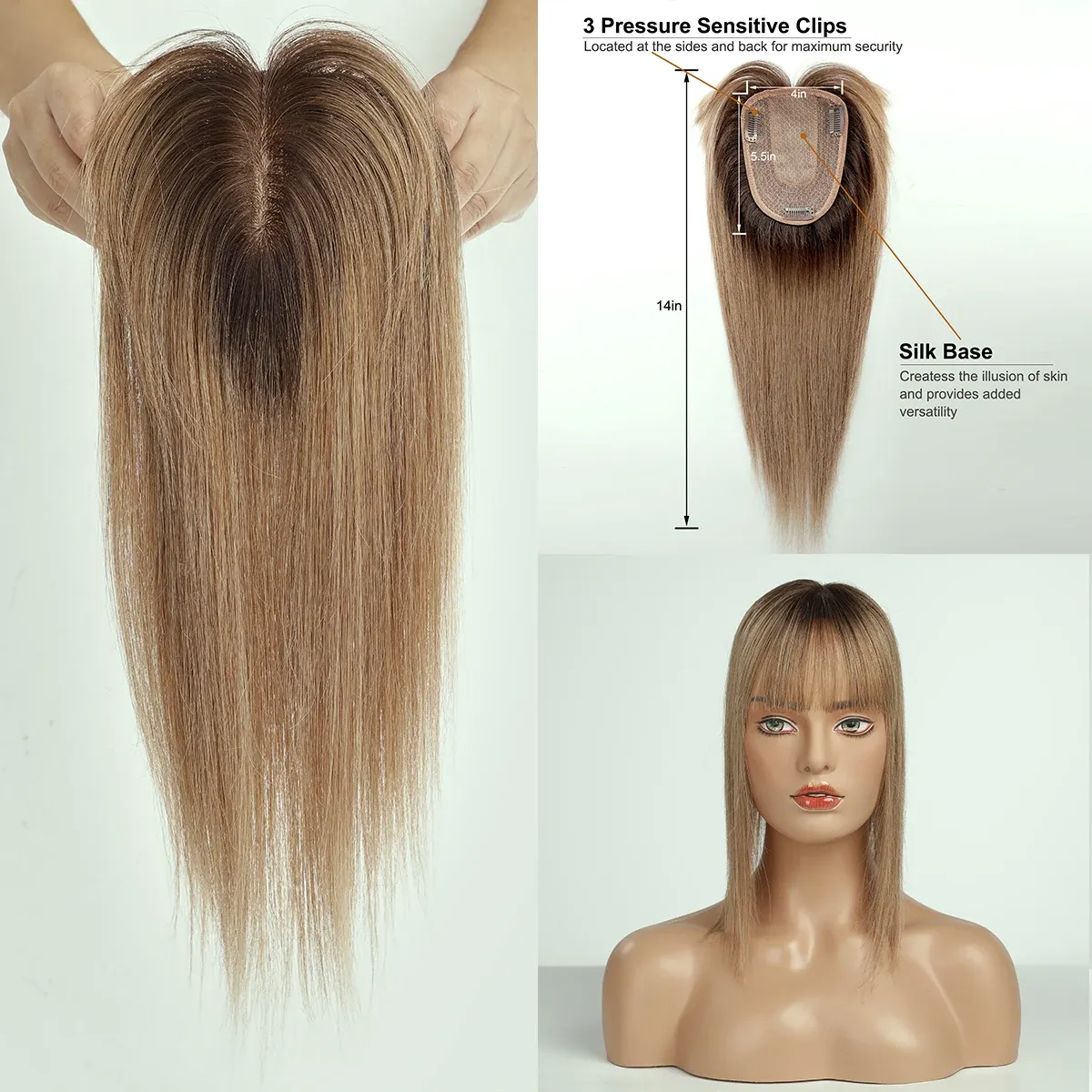 Extensions de cheveux humains Remy brun ombré avec frange, pièces à clips en soie pour femmes, extension de cheveux raides_voghion.com