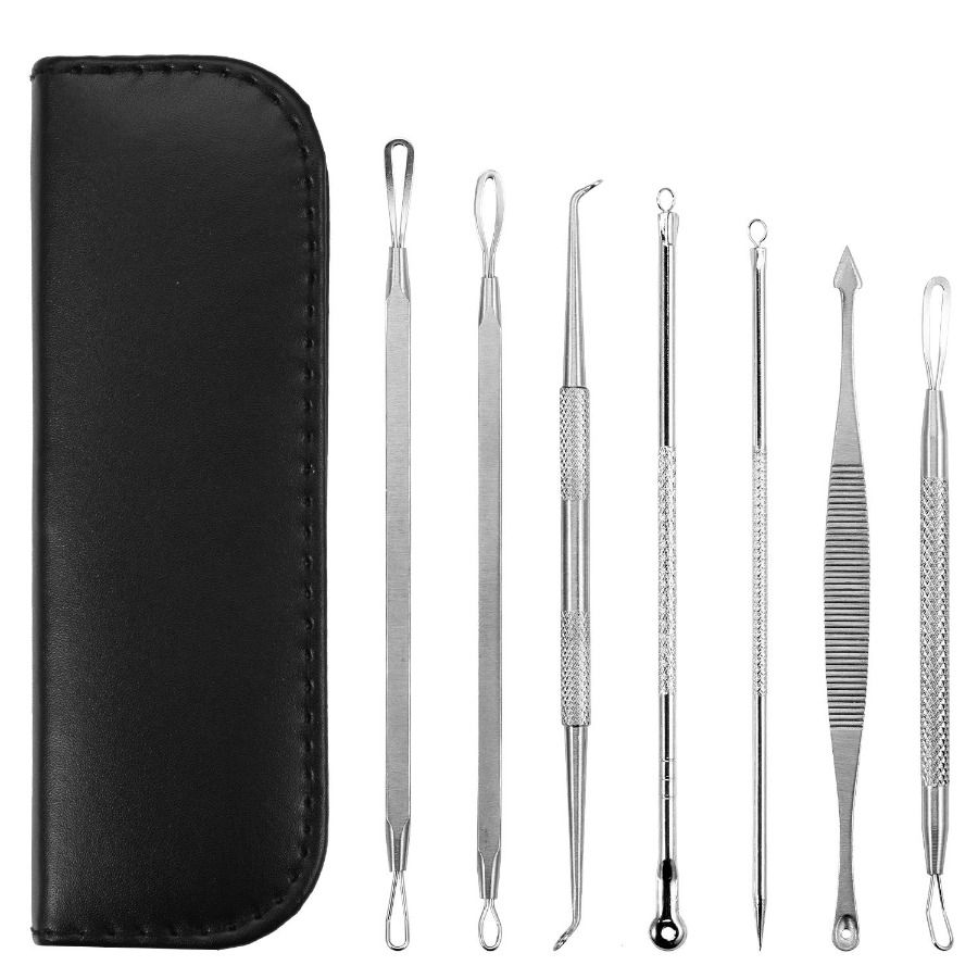 Kit di strumenti per l'estrazione di comedoni in acciaio nero, pezzi, aghi per acne, 7 pezzi, rimozione di brufoli in acciaio inossidabile_voghion.com