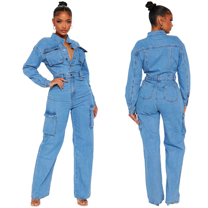 Dametøj Elastik Bell Taske Vasket denim Jumpsuit Jumpsuit Flared Bukser Overalls_voghion.com