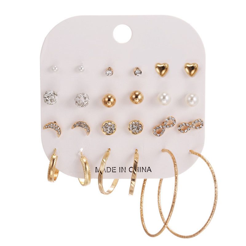 Earring Set Featuring Geometric Metal Earrings With Diamond Studs, Drop-shaped Oil Pearls, Butterfly Lock, And Heart-shaped Earrings_voghion.com