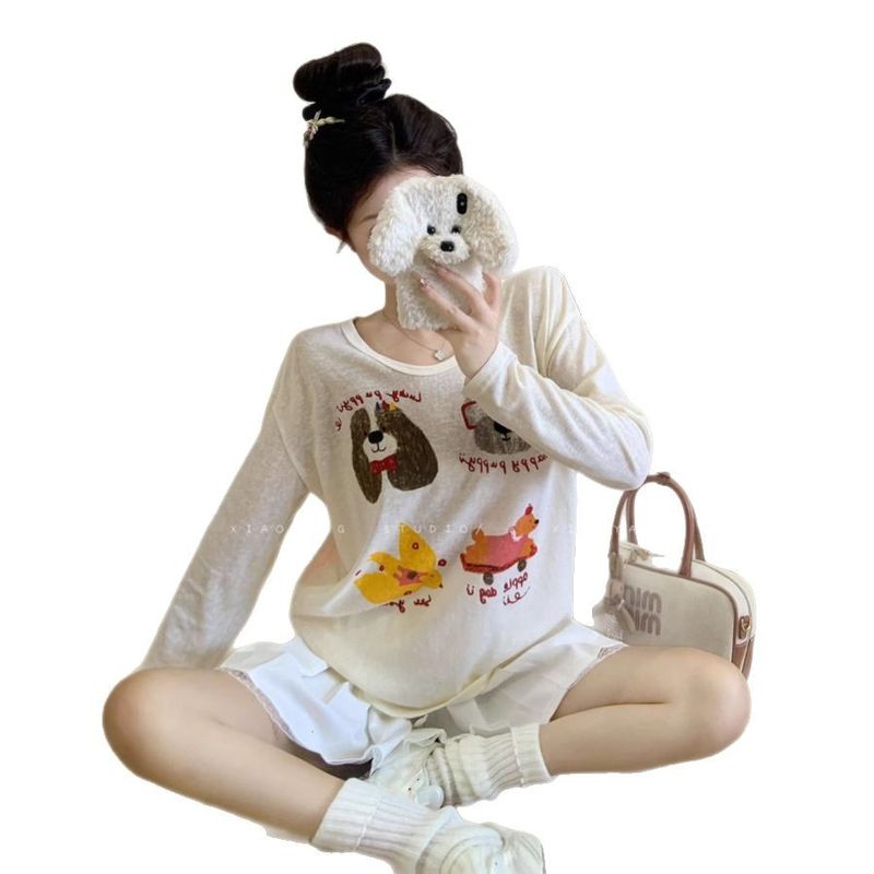 T-shirt à manches longues imprimé dessin animé abricot pour femme, style décontracté début d'automne, coupe ample et décontractée, col rond_voghion.com