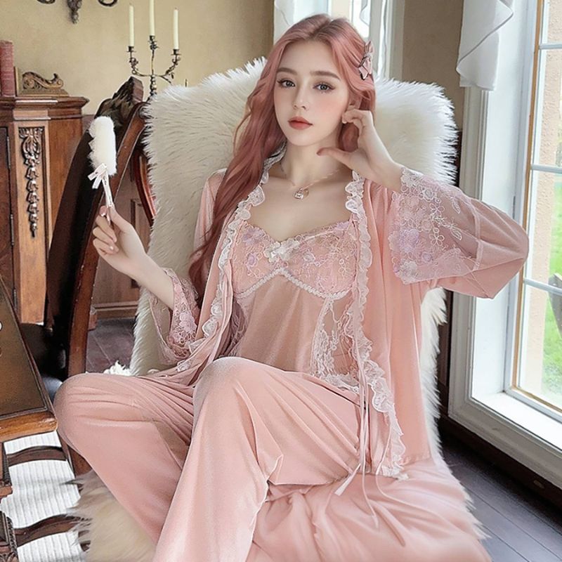 Pyjama Moud sexy Hierscht Wanter Canary Pure Desire Spitzen Halter Broschtkëssen Dräideeler Heemkleedung_voghion.com