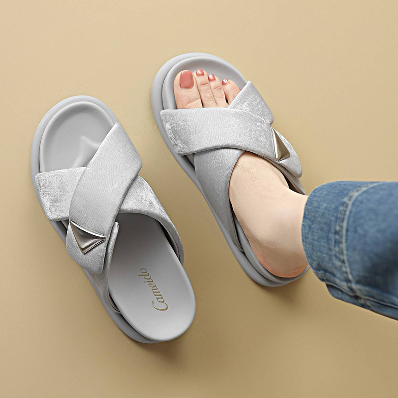 Pantufas Cameido de bico redondo em imitação de jeans cinza-prateado para uso diário casual feminino_voghion.com