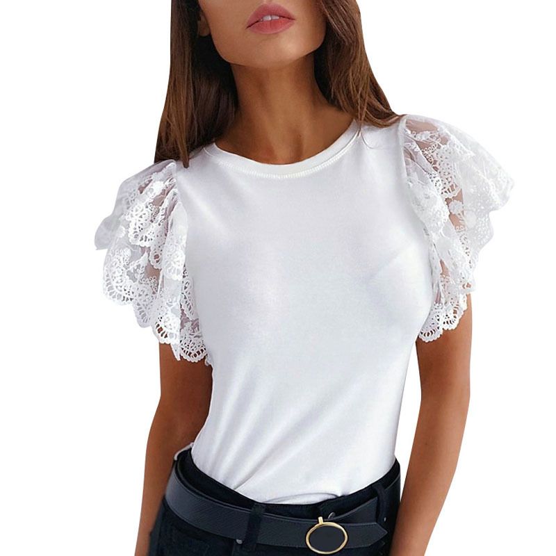 Chemisier femme sexy couleur unie col rond dentelle manches courtes_voghion.com