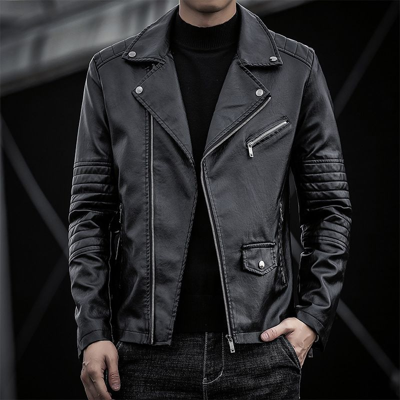 Chaqueta de traje de solapa de chaqueta de cuero de PU de motociclista delgada para hombre_voghion.com