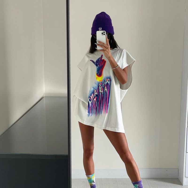 Stile ampio e rilassato, maniche a palloncino, top di media lunghezza, maglietta casual versatile stampata con atteggiamento rock da donna_voghion.com