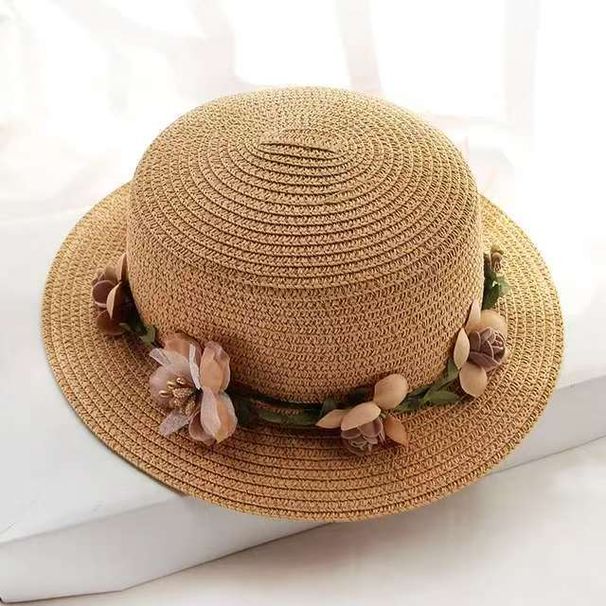 Vendita calda Genitore-bambino Estate Nuovo Cappello da sole da donna Beige Pizzo Fiocco Fiori Nastro Cappello di paglia piatto Cappelli da spiaggia Panama_voghion.com