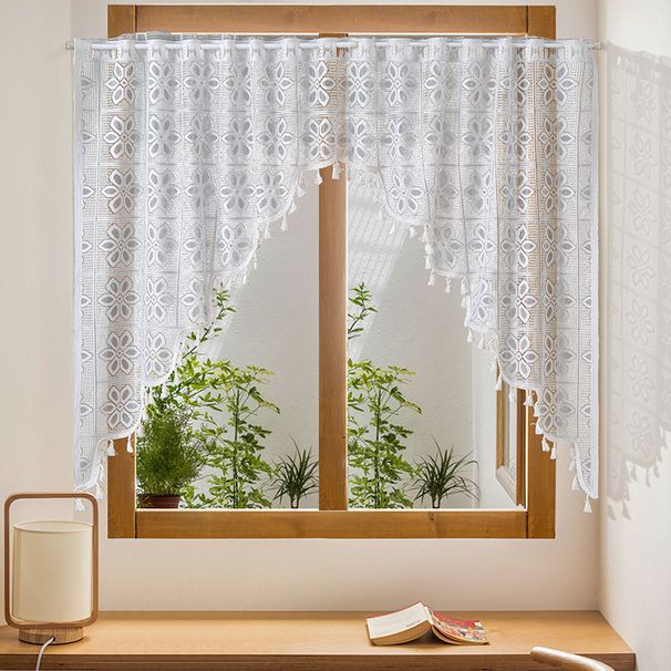 Lace Door Curtain With Tassels – Elegant Café Sheer Panel, No Drill Tension Rod, Dustproof Polyester For Dining Room, Entryway, Balcony_voghion.com