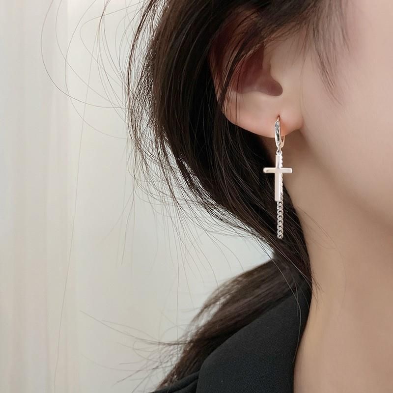 Orecchini a croce in argento sterling alla moda per le donne, stile coreano, eleganti, versatili, hip hop, celebrità di Internet_voghion.com