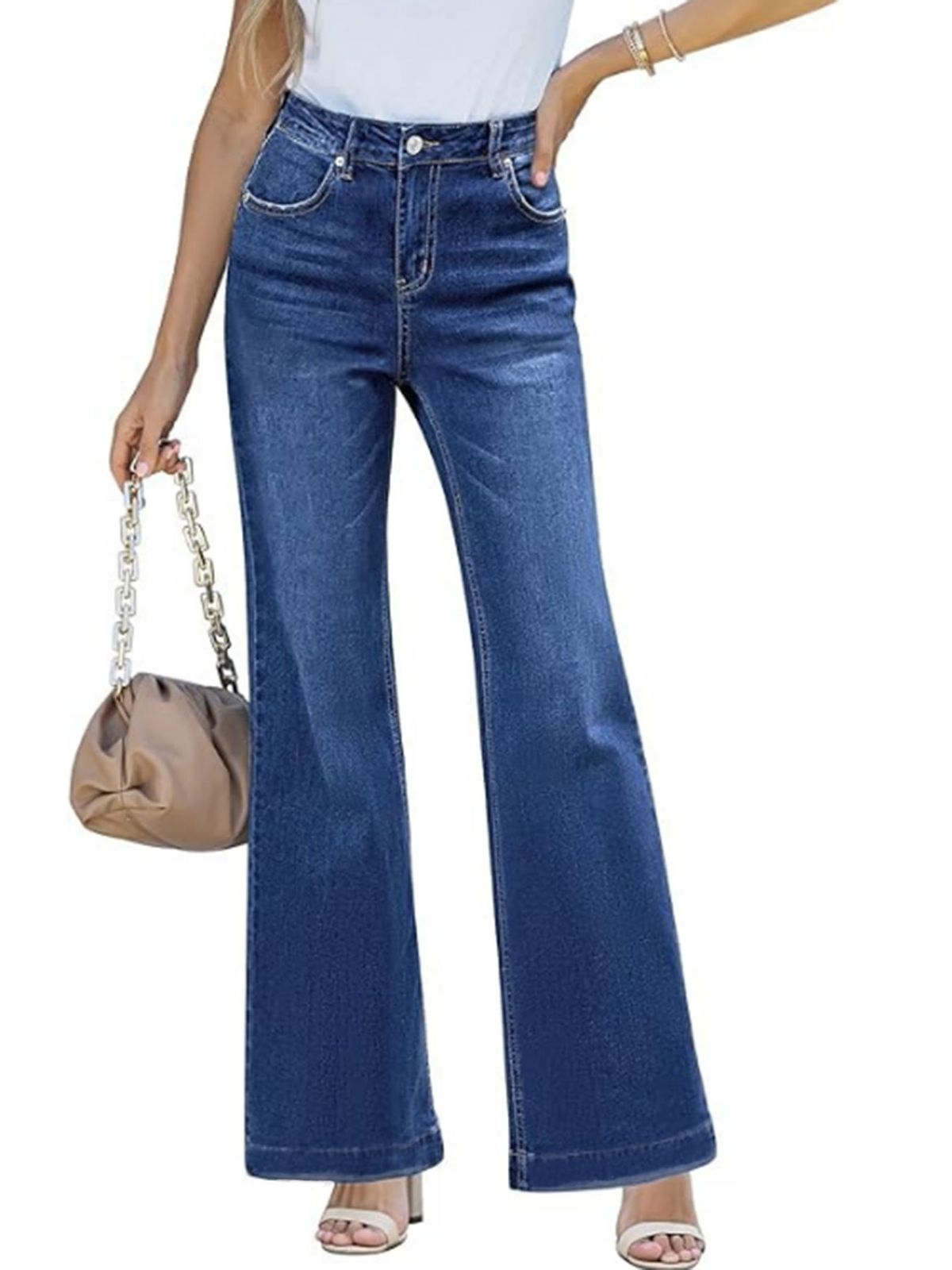Jeans a zampa elasticizzati a vita alta da donna – Pantaloni in denim retrò snellenti con vestibilità comoda_voghion.com