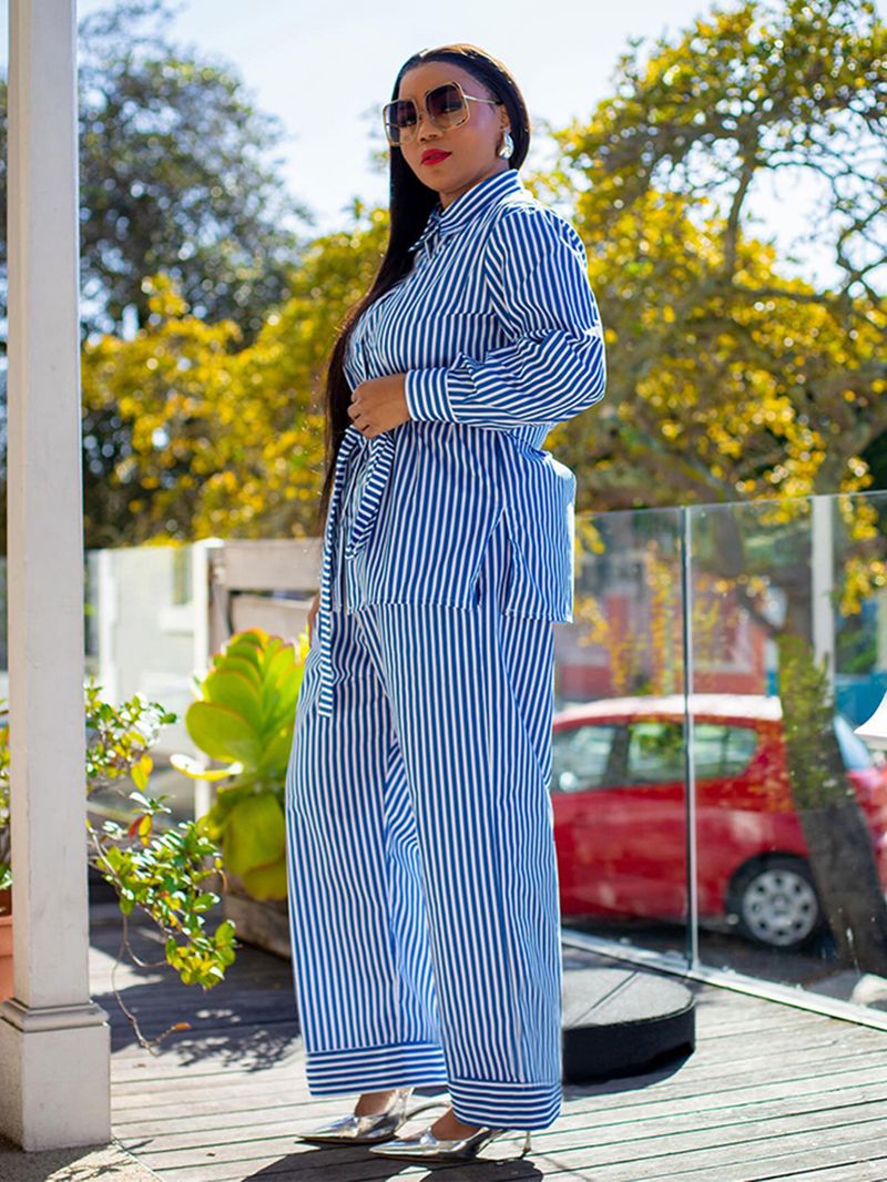 Vêtements pour femmes automne et hiver, costume deux pièces décontracté imprimé à rayures, manches longues, simple boutonnage, revers noué sur le côté_voghion.com